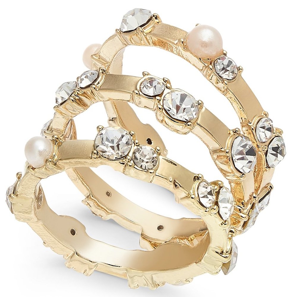 NWT INC Pearl Crystal Triple Stack Rings Sz9